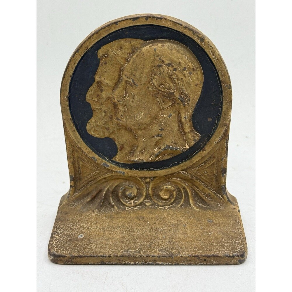1 End Vintage Small Metal Bookend Presidents Lincoln and Washington Silhouettes